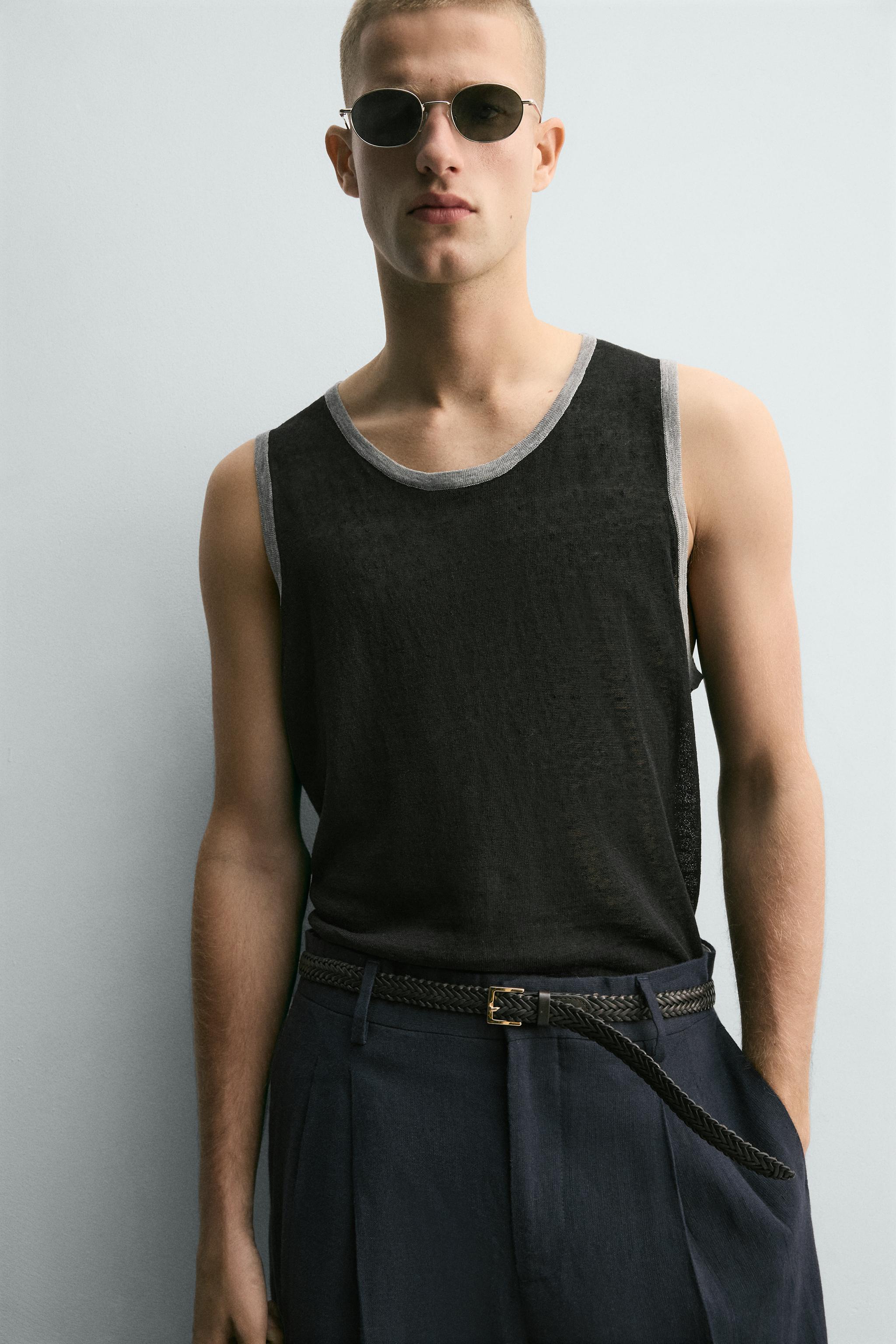 CONTRASTING LINEN BLEND KNIT TANK TOP
